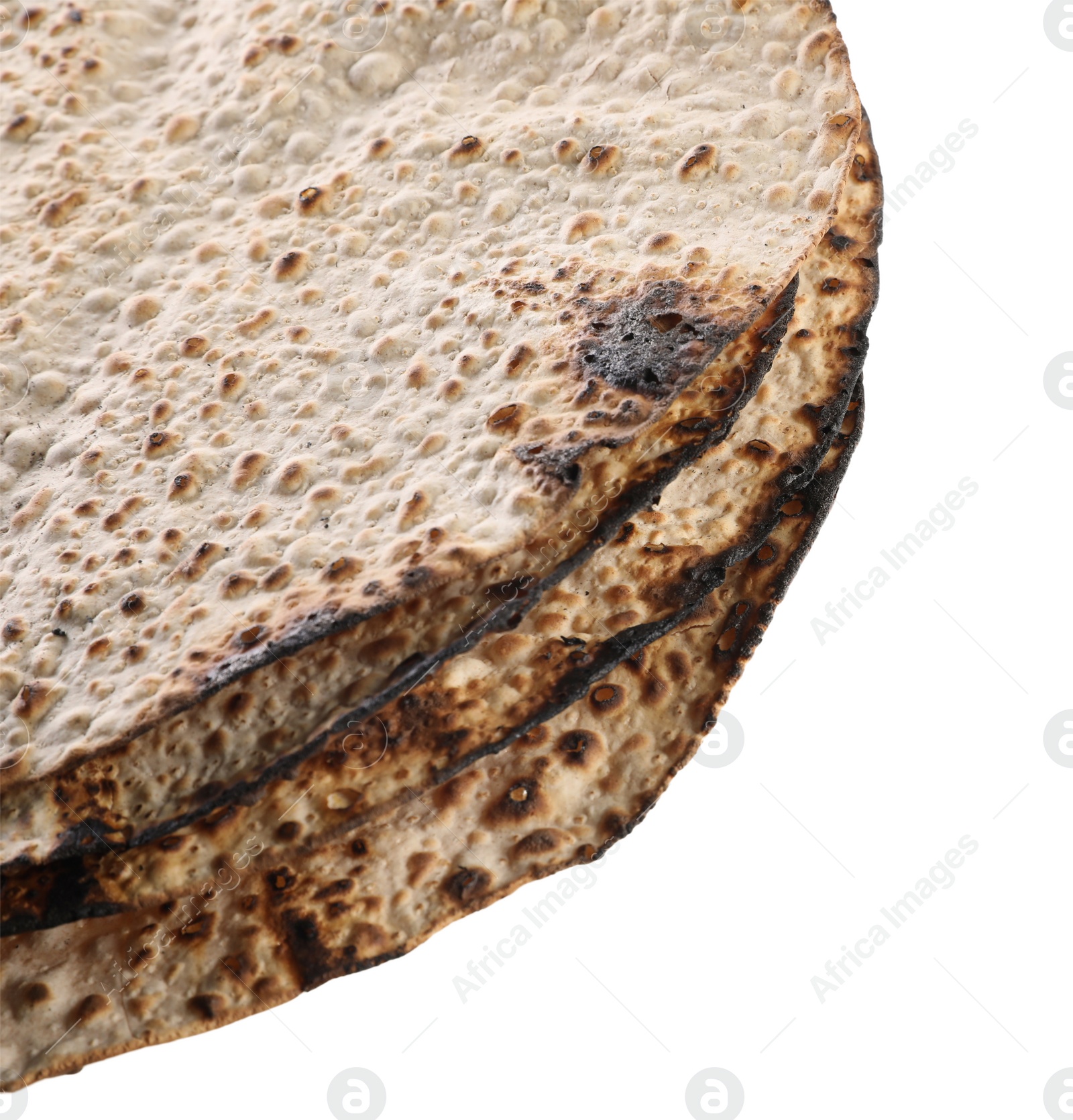 Photo of Tasty matzos on white background, closeup. Passover (Pesach) celebration