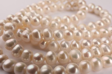 Elegant pearl necklace on white background, closeup