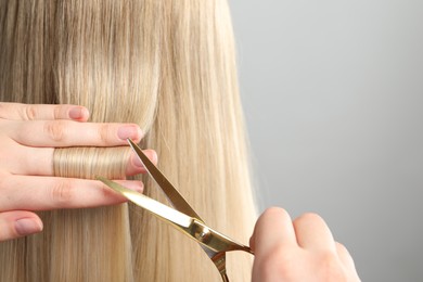 Hairdresser cutting client's hair with scissors on light grey background, closeup. Space for text