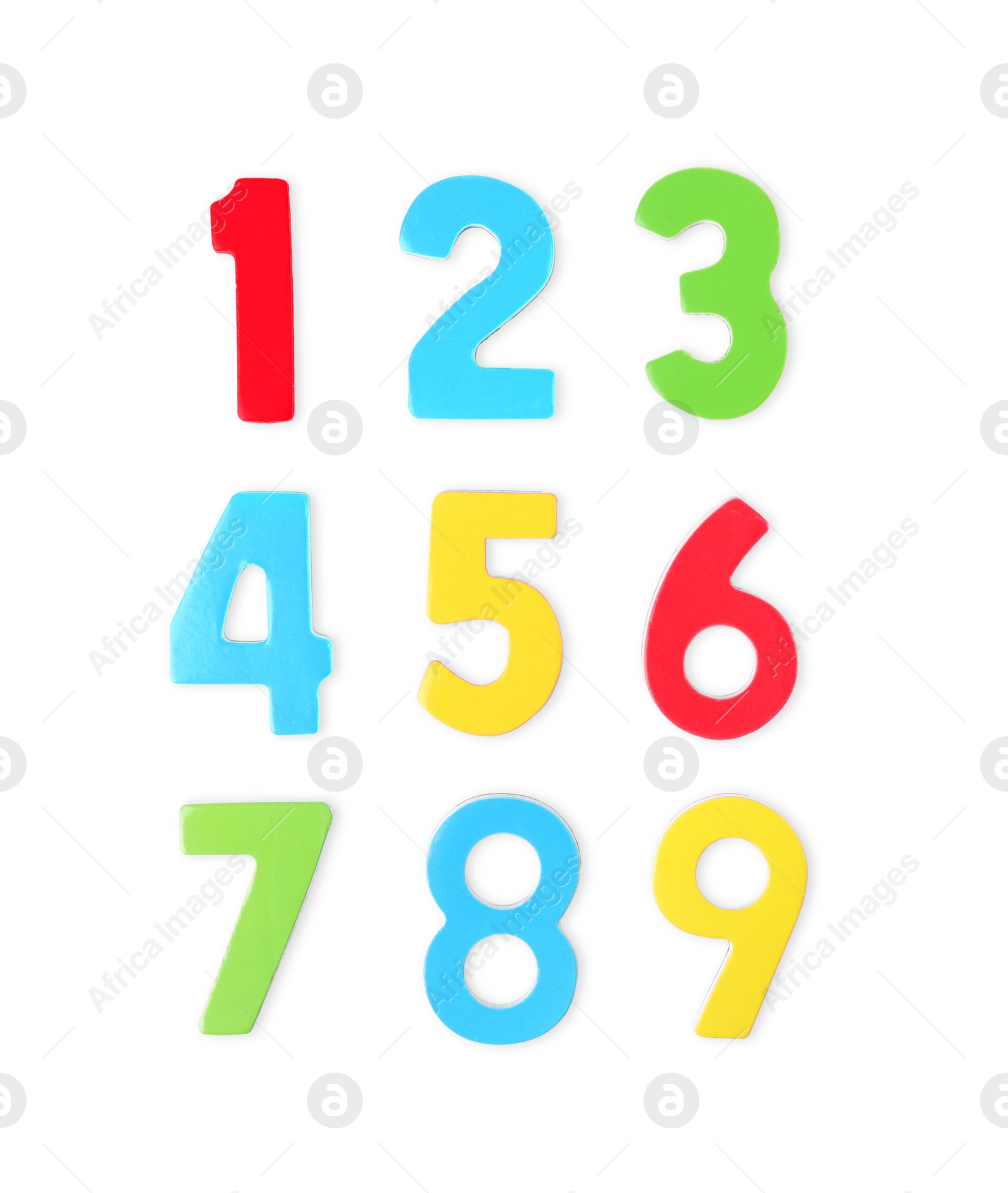 Photo of Colorful numbers on white background, top view