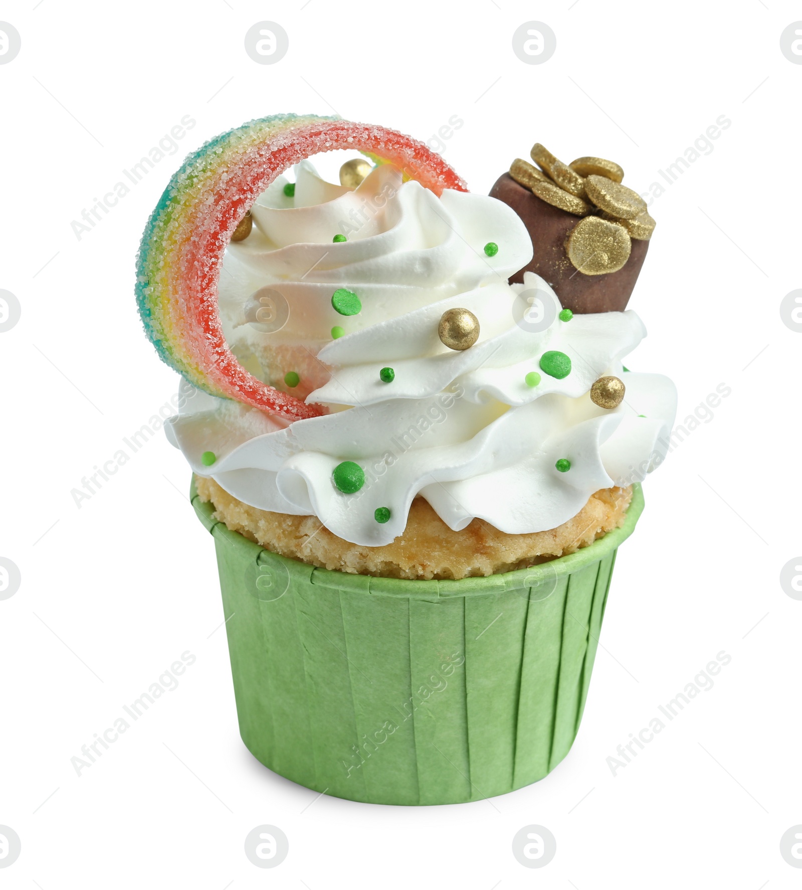 Photo of St. Patrick's day party. Tasty cupcake with sour rainbow belt and pot of gold toppers isolated on white