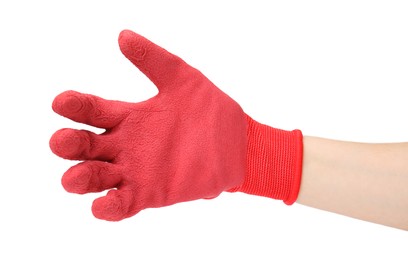 Photo of Woman in gardening glove on white background, closeup