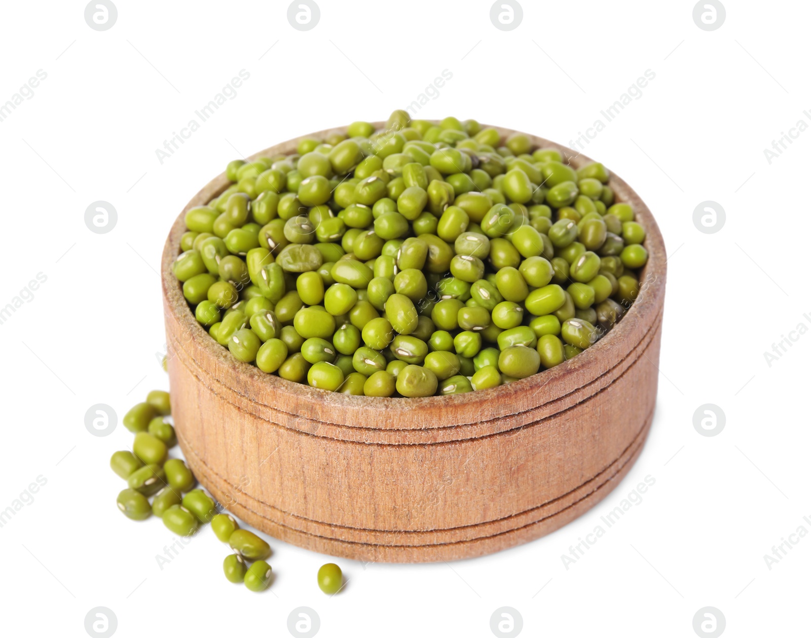 Photo of Wooden bowl with green mung beans isolated on white. Organic grains