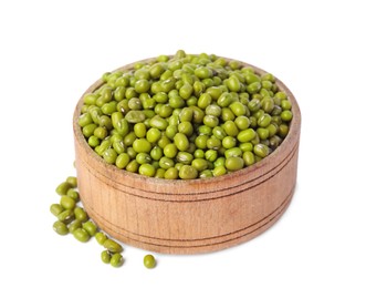 Photo of Wooden bowl with green mung beans isolated on white. Organic grains