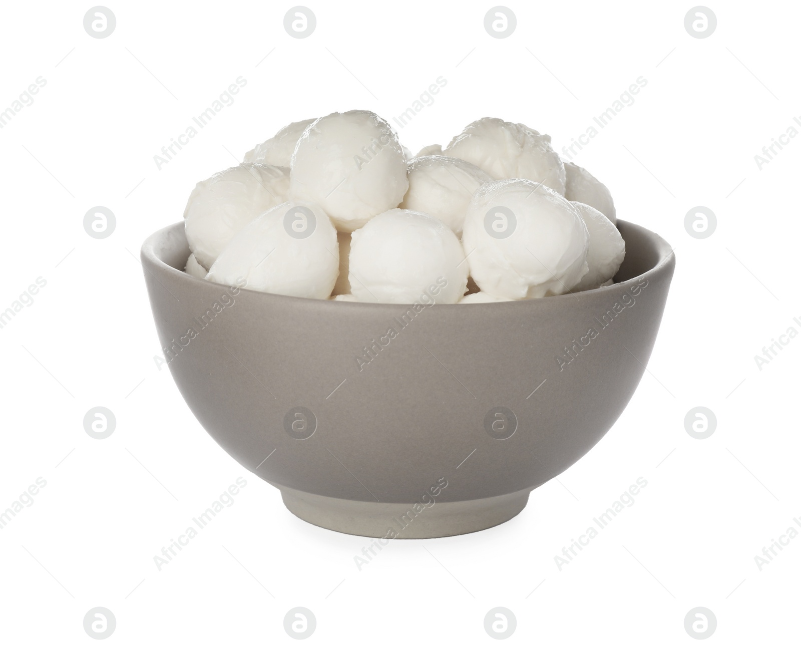 Photo of Bowl with mozzarella cheese balls on white background