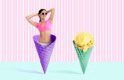 Image of Happy woman in wafer ice cream cone on colorful background. Summer party concept. Stylish creative design