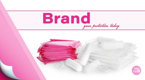 Image of Tampons and menstrual pads on color background, banner design. Mockup for your brand 