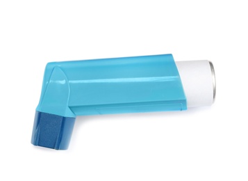 Photo of Asthma inhaler on white background, top view. Medical treatment