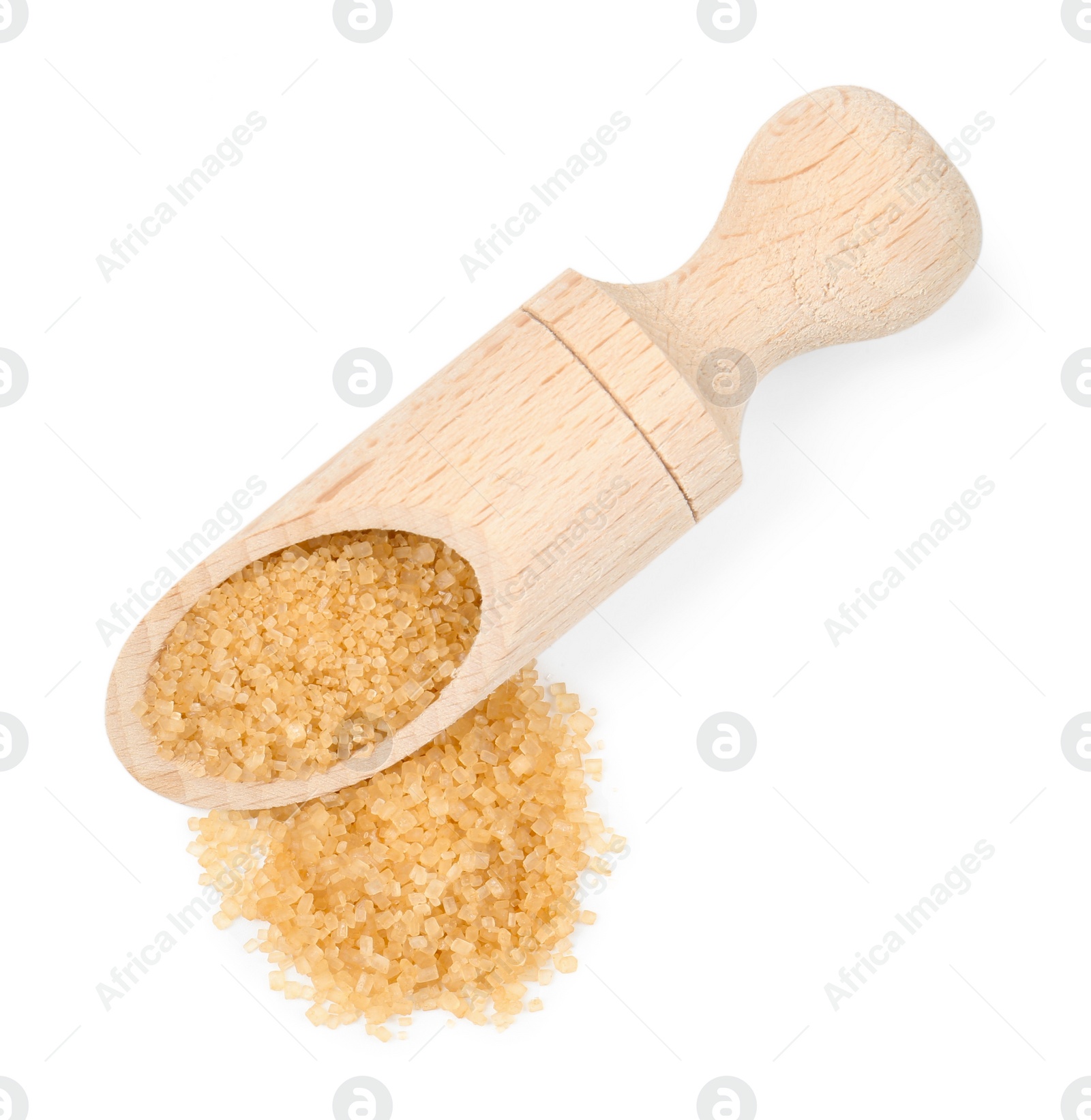 Photo of Brown sugar in scoop isolated on white, top view