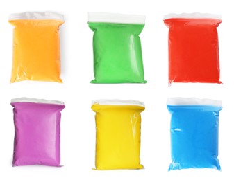 Image of Set with different colorful play dough on white background