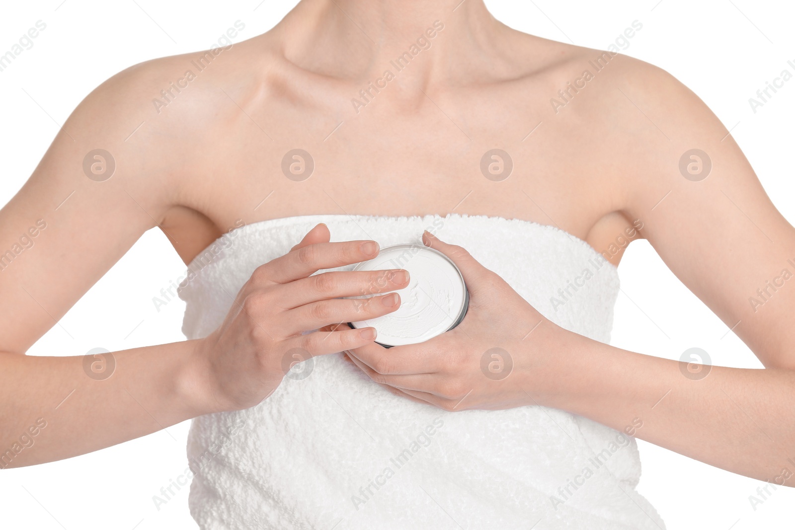 Photo of Young woman with jar of hand cream on white background, closeup