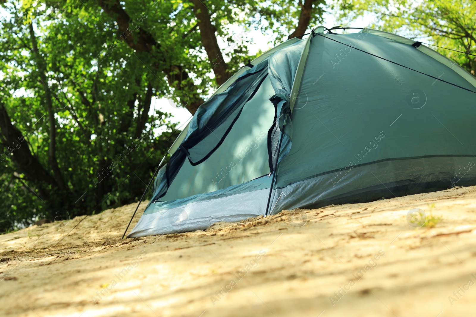 Photo of Modern camping tent in forest. Space for text