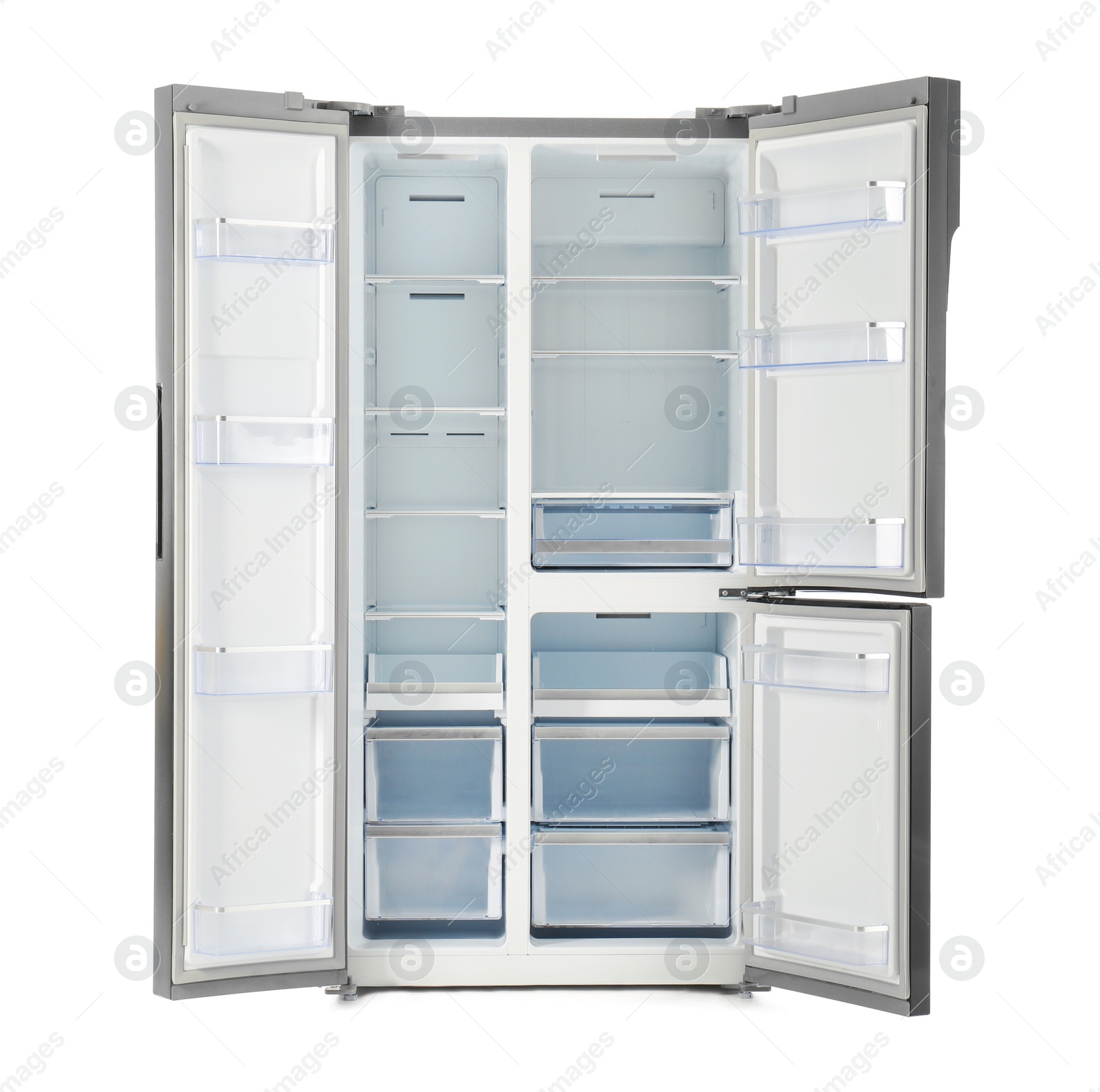 Photo of Empty stainless steel refrigerator isolated on white