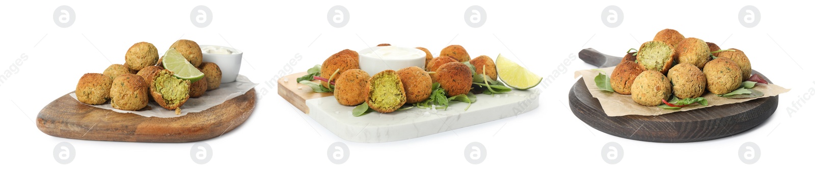 Image of Set with delicious deep fried falafel balls on white background. Banner design 