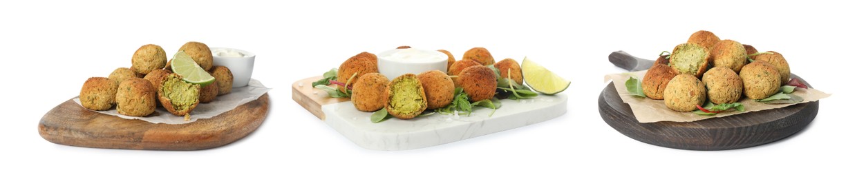 Image of Set with delicious deep fried falafel balls on white background. Banner design 