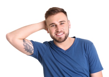 Portrait of handsome happy man on white background