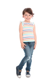 Full length portrait of shy little girl in casual outfit on white background