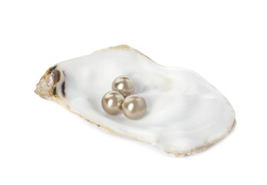 Oyster shell with golden pearls on white background