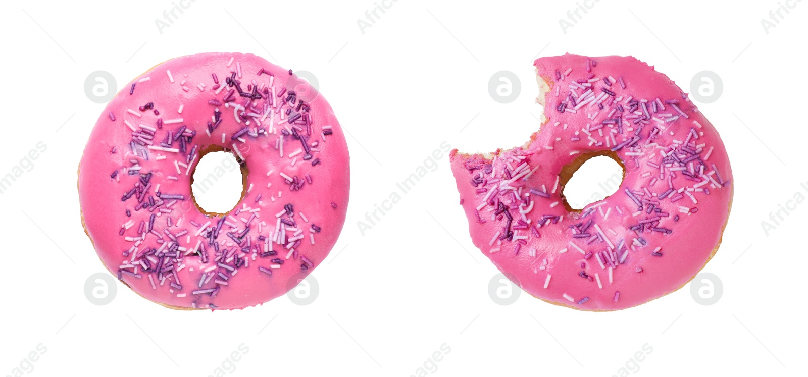 Image of Whole and bitten tasty donuts with sprinkles isolated on white