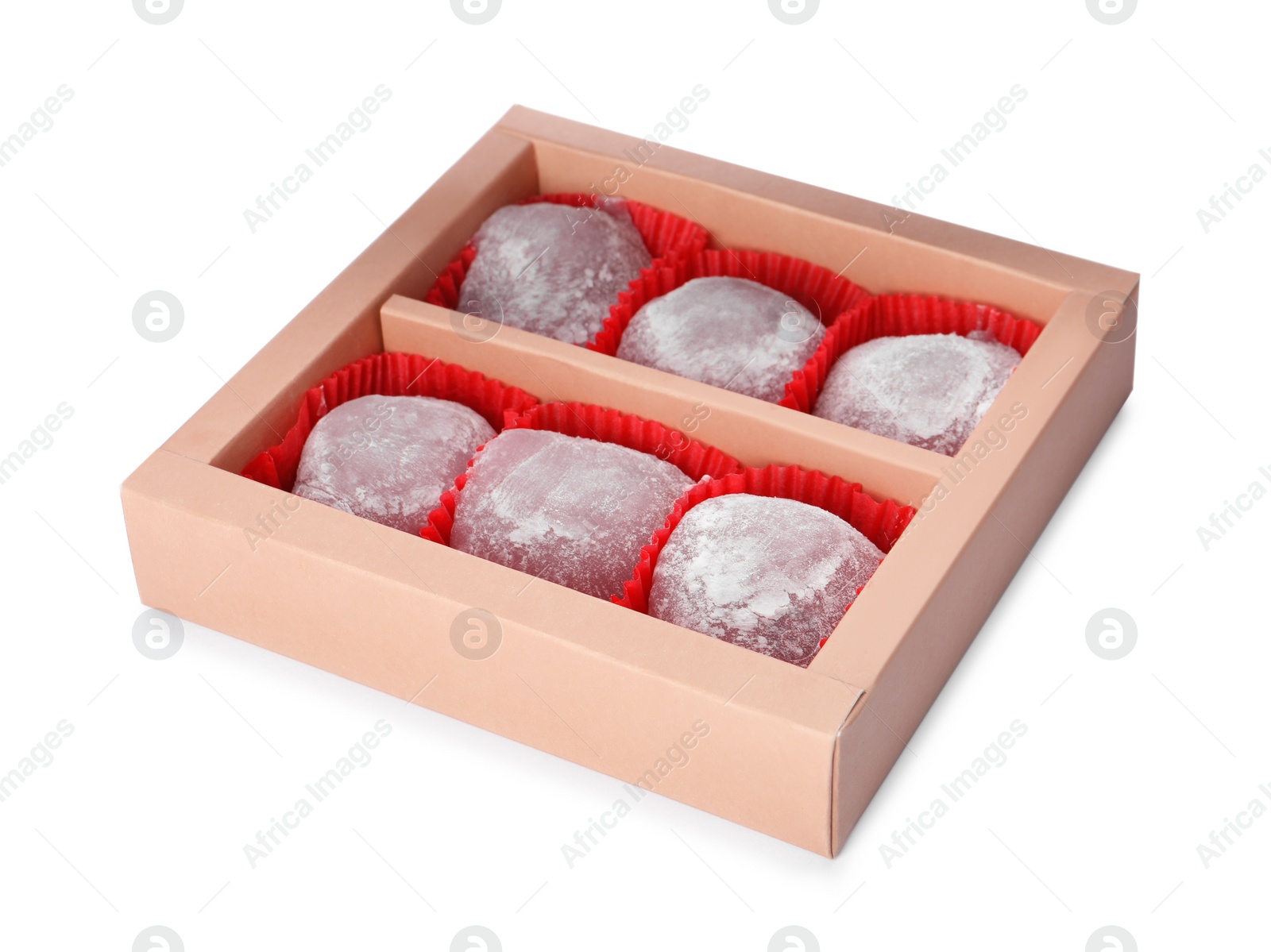 Photo of Box with delicious mochi on white background. Traditional Japanese dessert