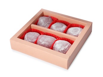 Photo of Box with delicious mochi on white background. Traditional Japanese dessert