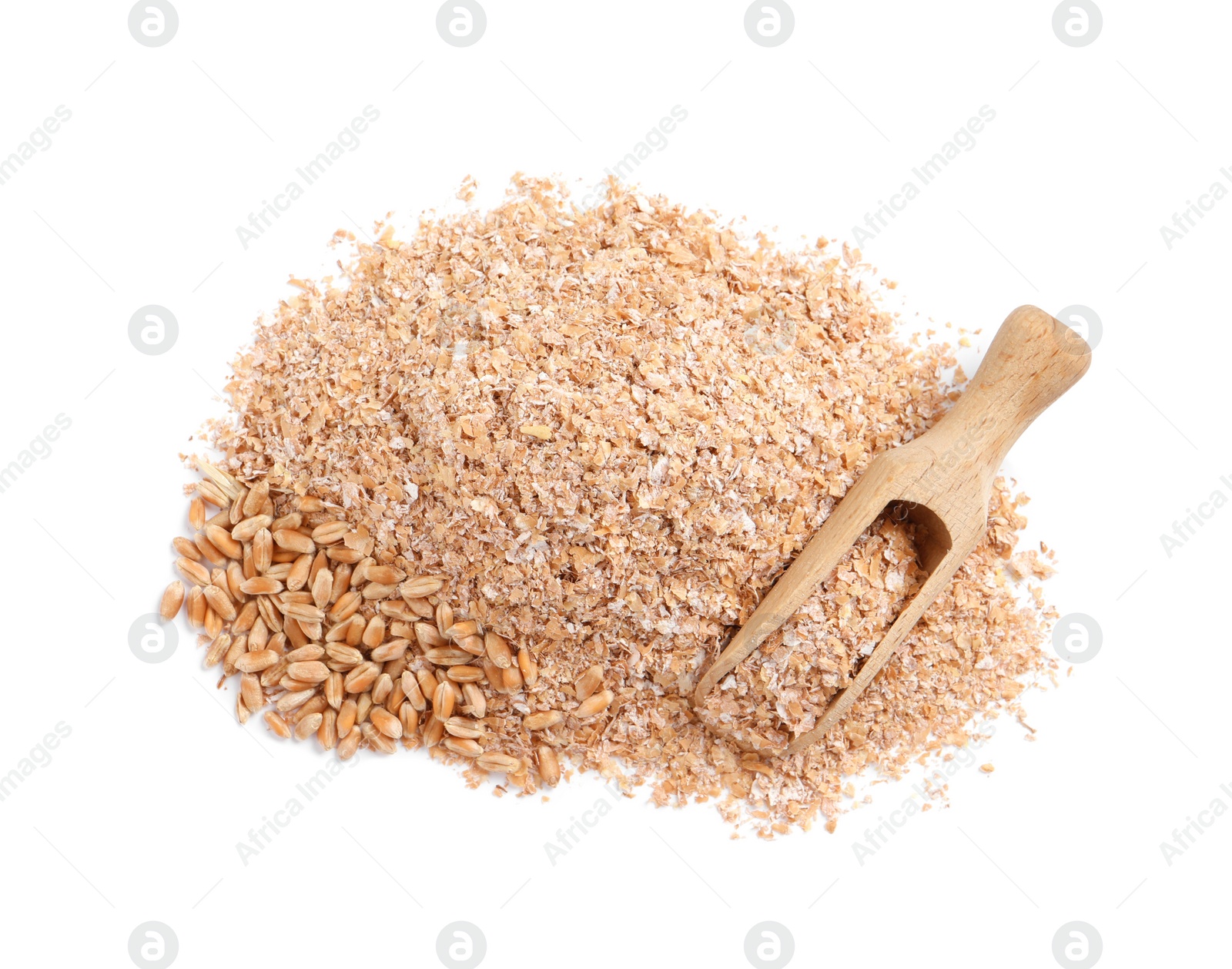 Photo of Pile of wheat bran and scoop on white background, top view