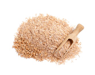 Photo of Pile of wheat bran and scoop on white background, top view