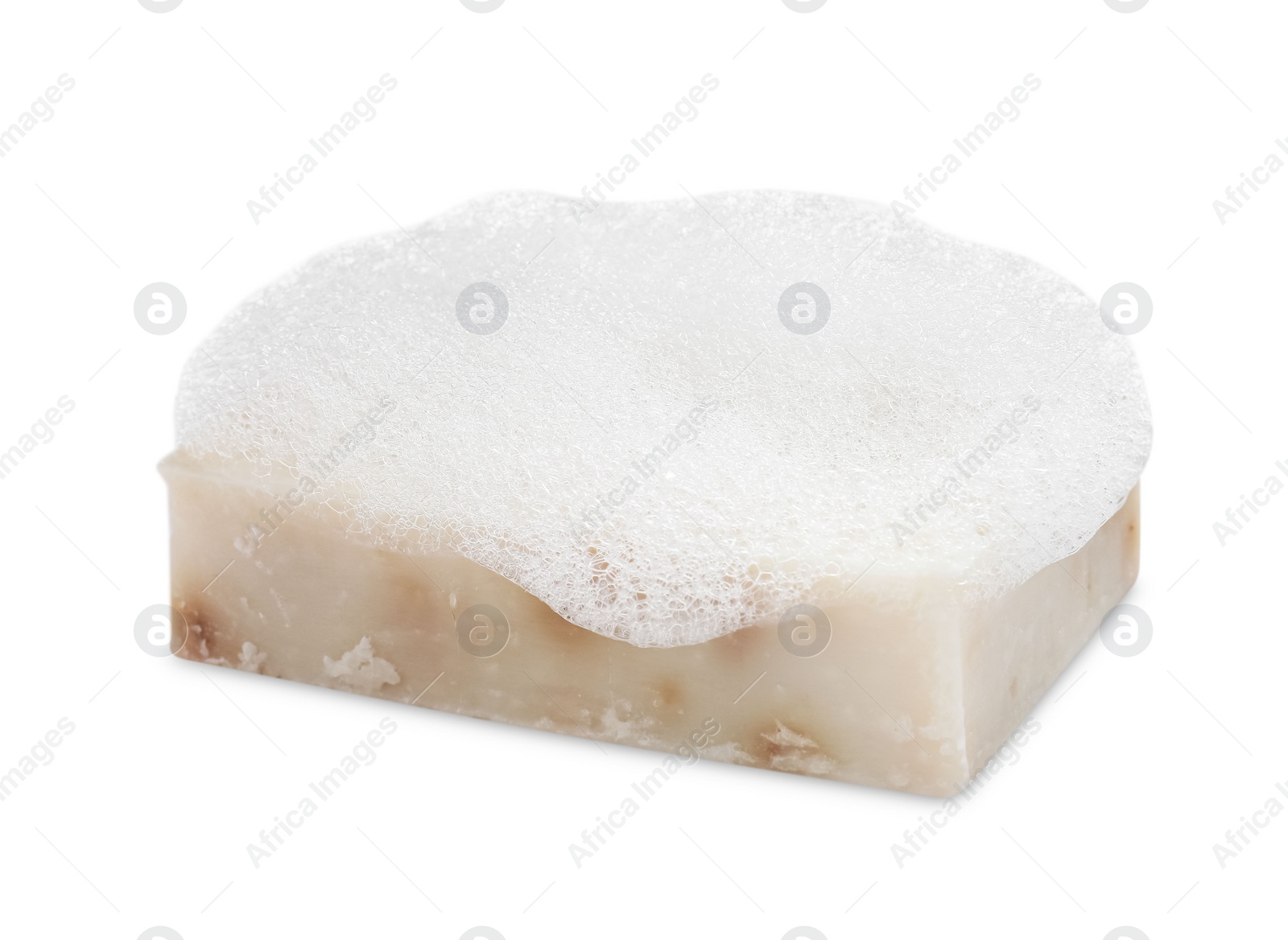 Photo of Soap bar with fluffy foam on white background