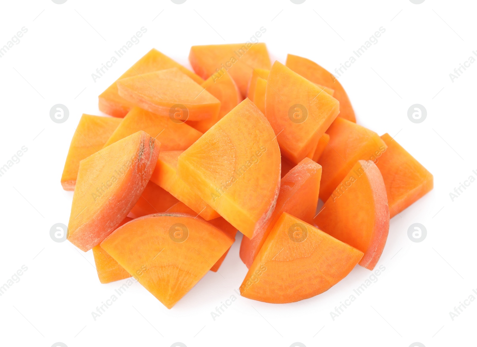Photo of Pieces of fresh ripe carrot isolated on white