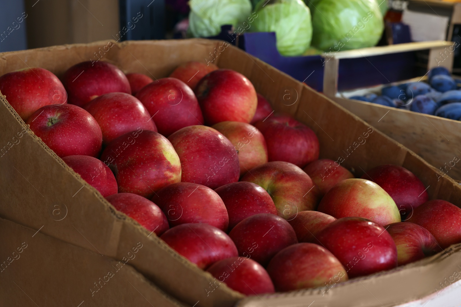 Photo of Many fresh apples in cardboard container at market