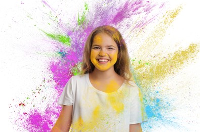 Image of Holi festival celebration. Happy teen girl covered with colorful powder dyes on white background