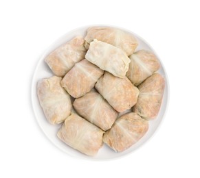 Photo of Uncooked stuffed cabbage rolls on white background, top view