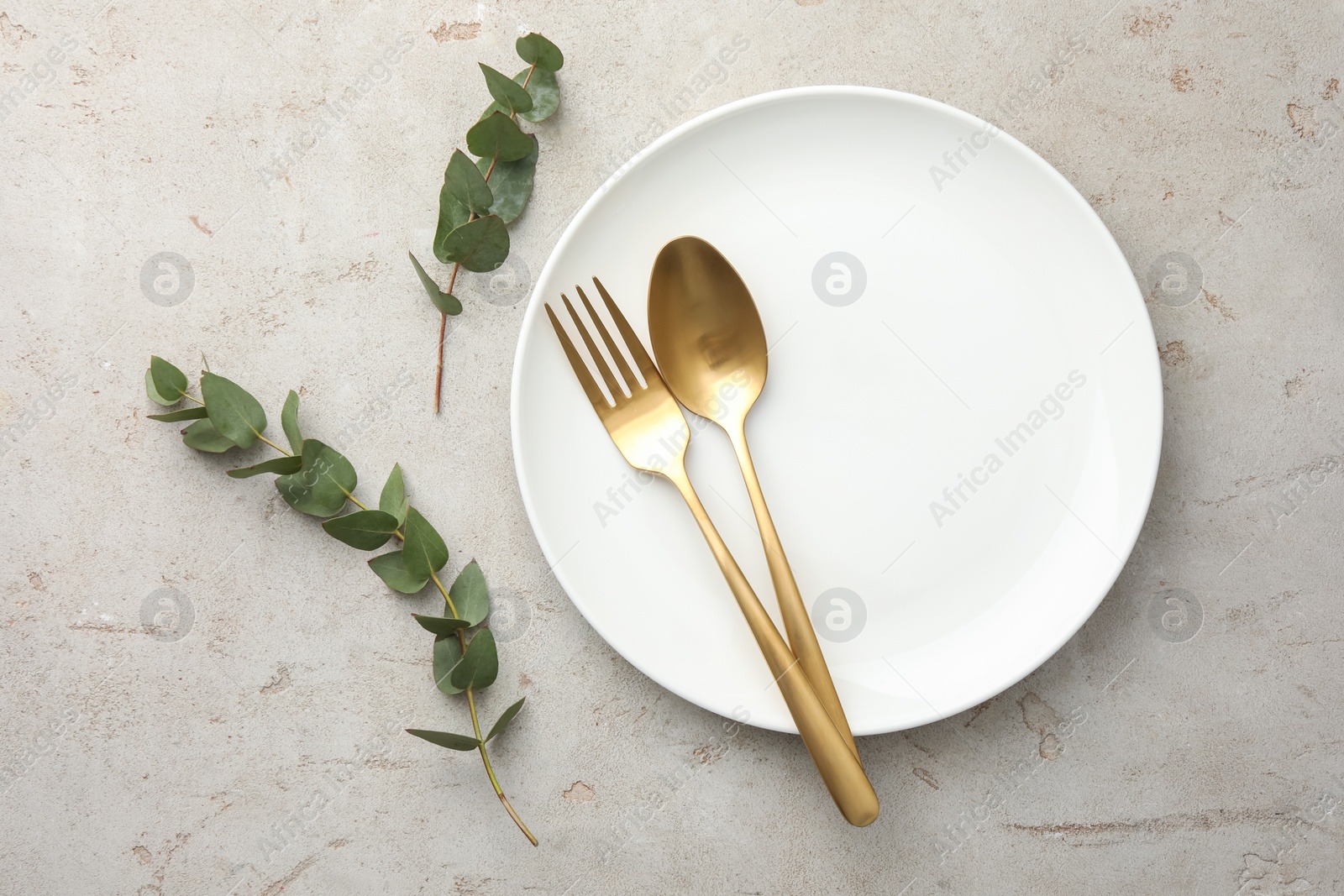Photo of Stylish setting with cutlery, eucalyptus branches and plate on light grey table, flat lay