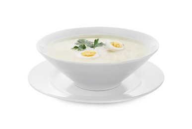 Photo of Tasty soup with egg and parsley in bowl isolated on white