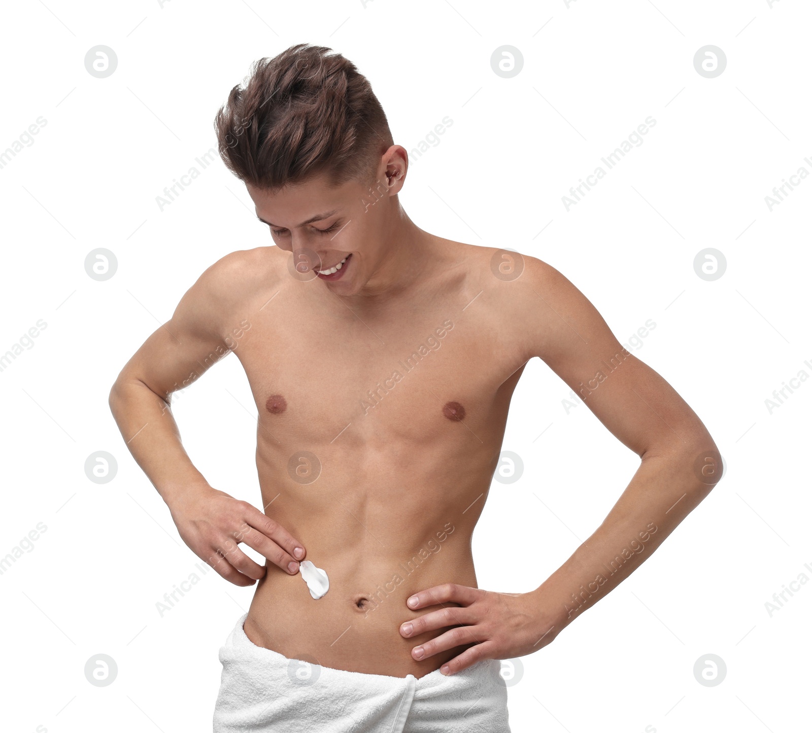 Photo of Handsome man with moisturizing cream on his body against white background