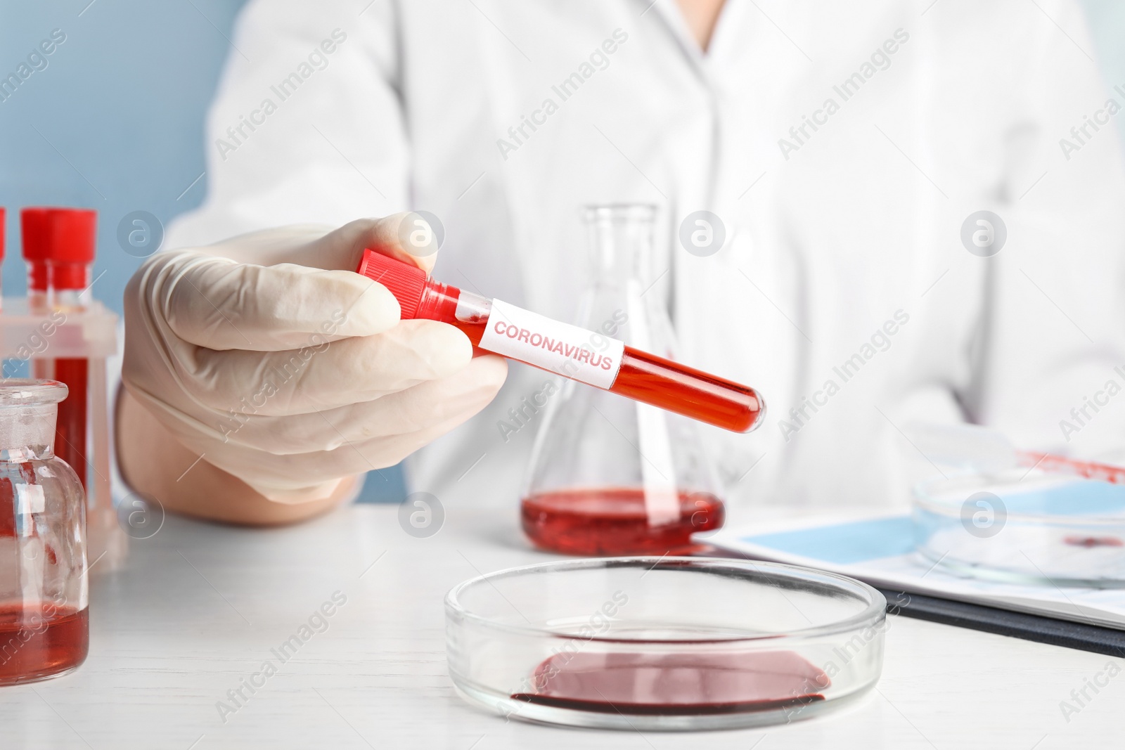 Photo of Scientist holding test tube with blood sample and label CORONA VIRUS over table in laboratory, closeup