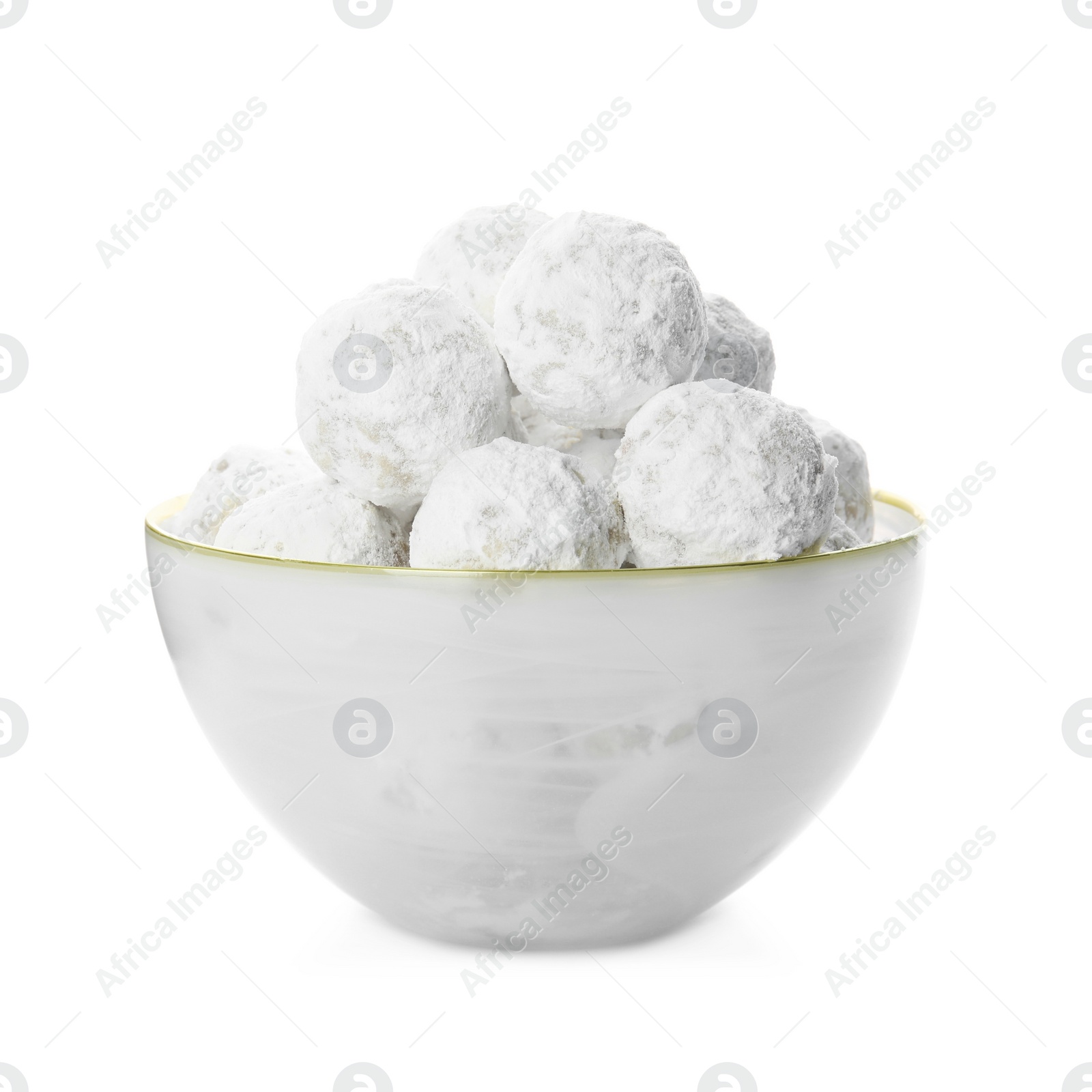 Photo of Tasty Christmas snowball cookies in bowl isolated on white