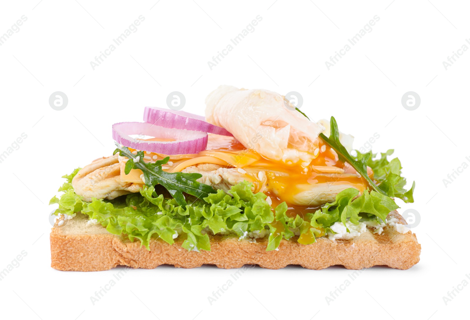 Photo of Tasty sandwich with chicken and poached egg isolated on white