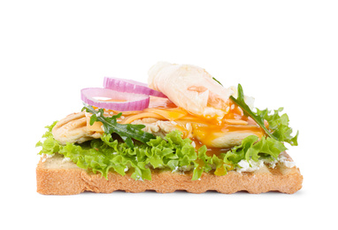 Photo of Tasty sandwich with chicken and poached egg isolated on white