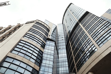 KYIV, UKRAINE - MAY 21, 2019: Low angle view of modern hotel HILTON