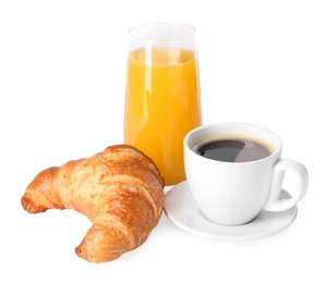 Photo of Delicious fresh croissant, cup with coffee and glass of orange juice isolated on white