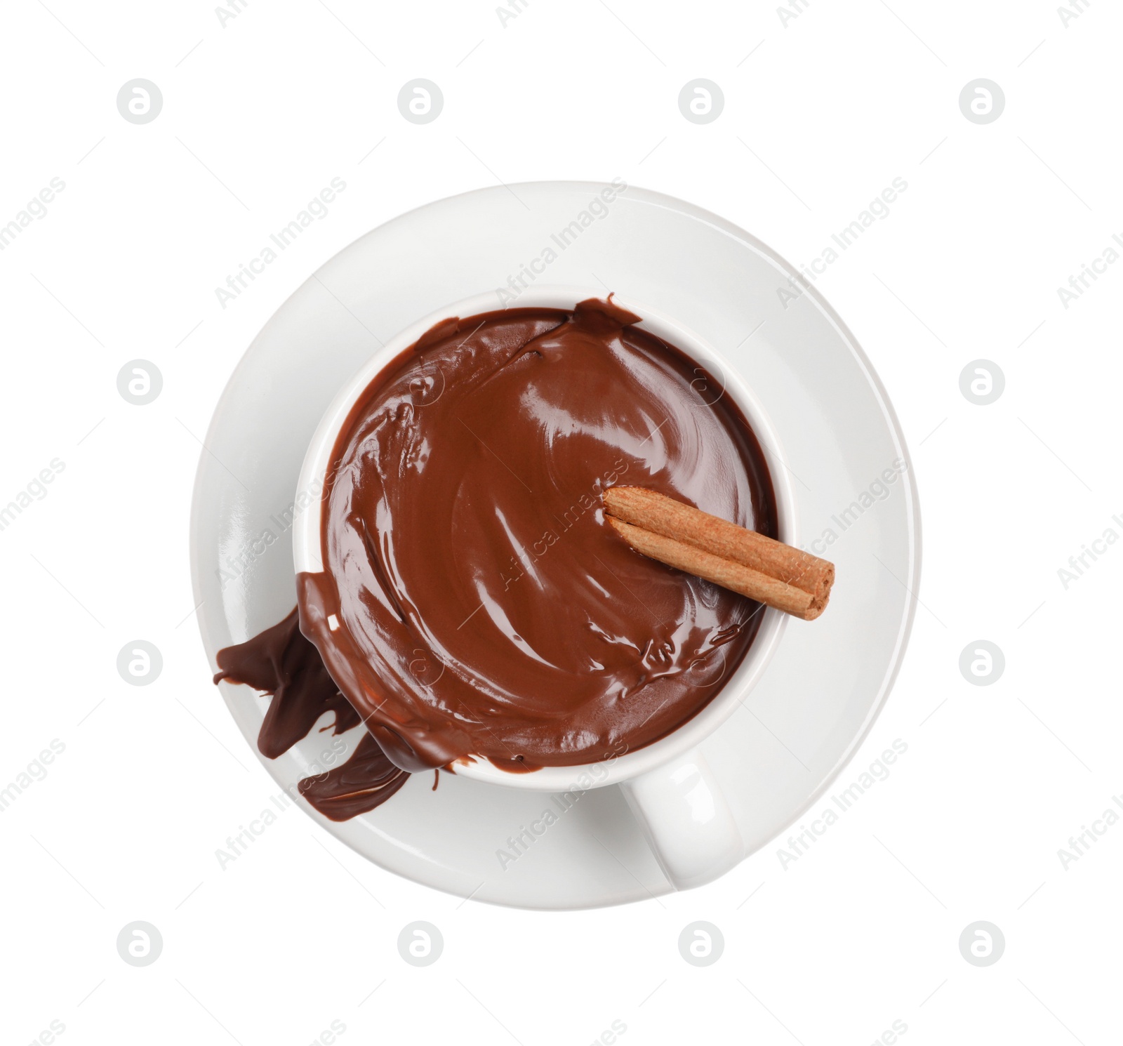 Photo of Cup of delicious hot chocolate with cinnamon stick on white background, top view