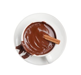 Photo of Cup of delicious hot chocolate with cinnamon stick on white background, top view