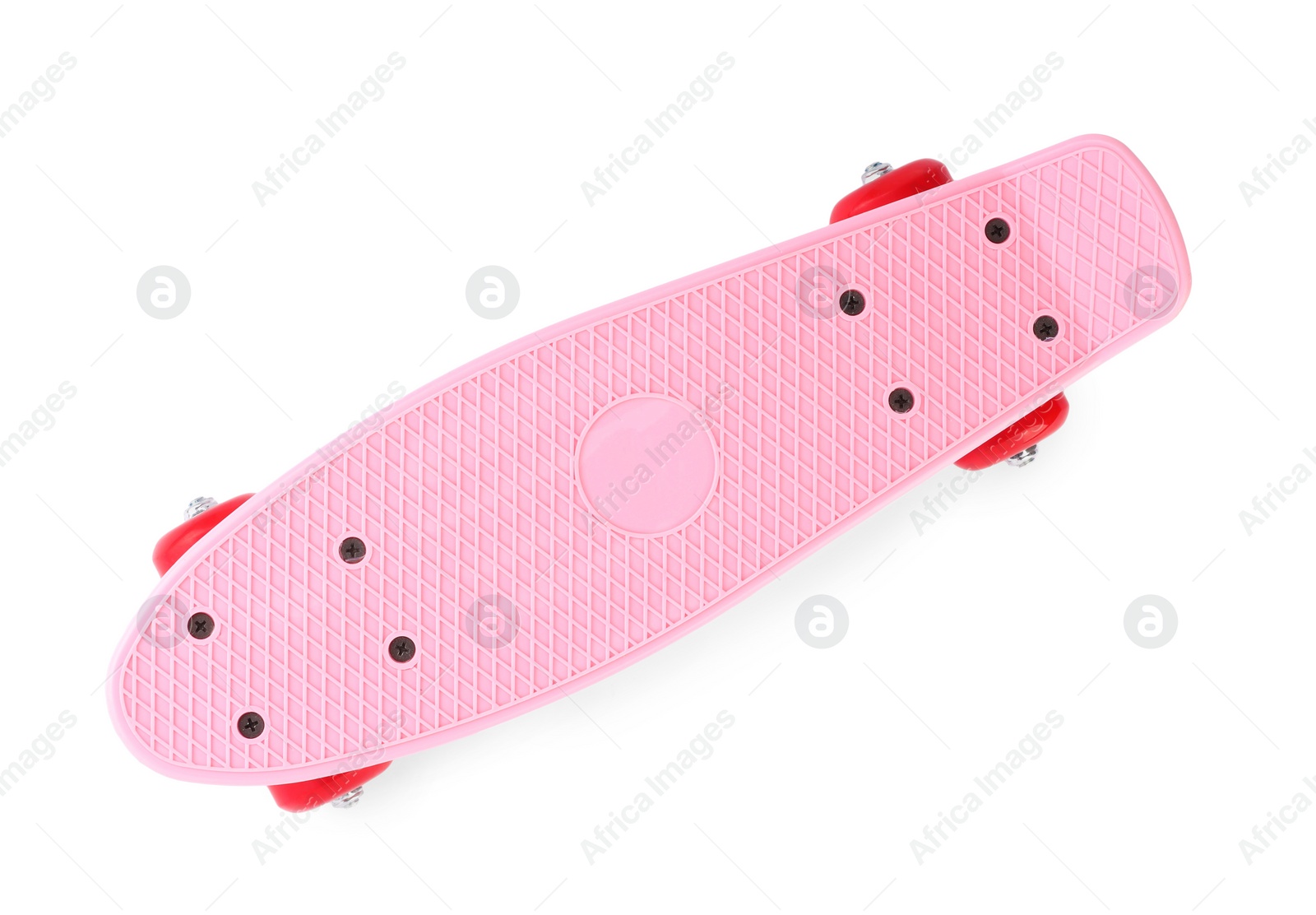 Photo of Pink skateboard isolated on white, top view. Sports equipment