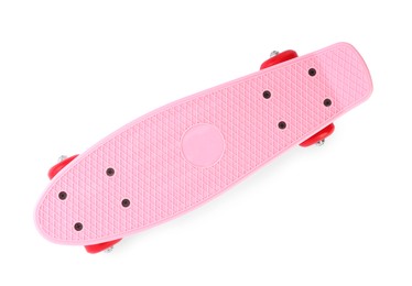 Photo of Pink skateboard isolated on white, top view. Sports equipment