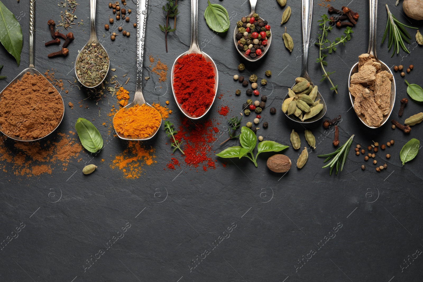 Photo of Different herbs and spices with spoons on black table, flat lay. Space for text