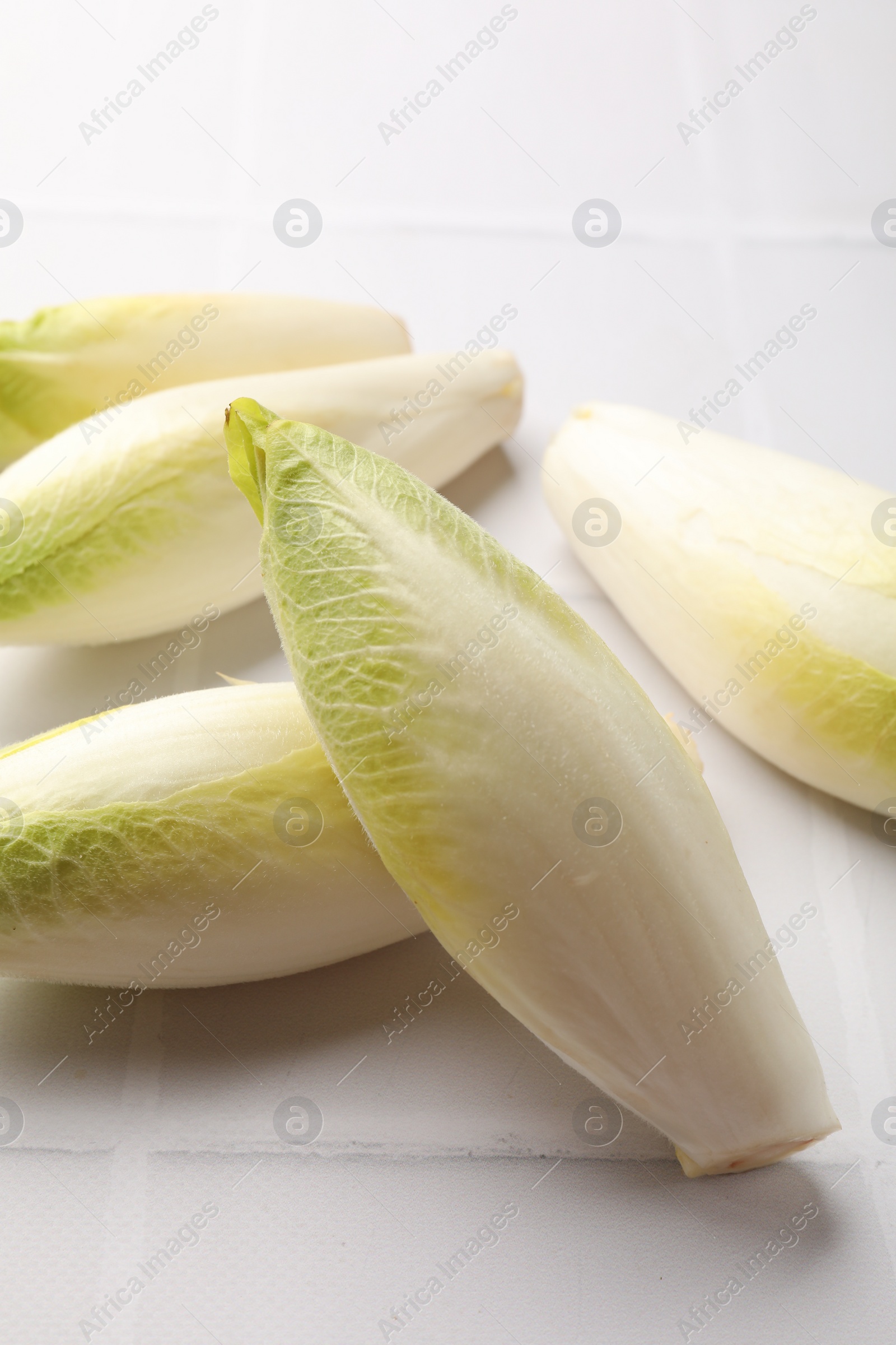 Photo of Fresh raw Belgian endives (chicory) on white tiled table, closeup