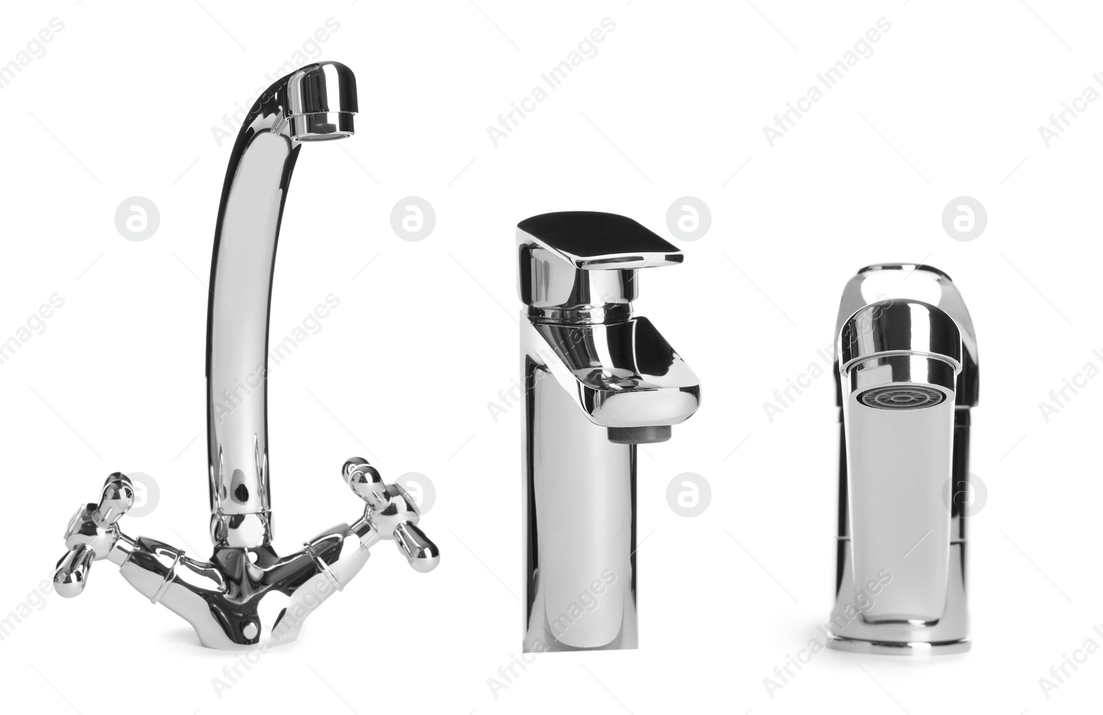 Image of Set with new water faucets on white background