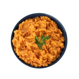 Bowl with mashed sweet potatoes on white background, top view