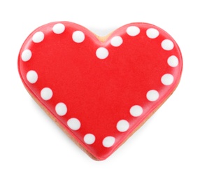 Photo of Beautiful heart shaped cookie on white background, top view. Valentine's day treat